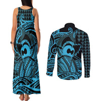 Koa Ikaika Warrior Helmet with Shark Couples Matching Tank Maxi Dress and Long Sleeve Button Shirt Blue Kakau Style LT9 - Polynesian Pride