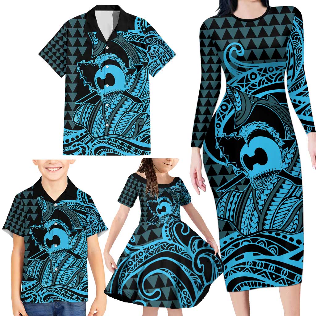 Koa Ikaika Warrior Helmet with Shark Family Matching Long Sleeve Bodycon Dress and Hawaiian Shirt Blue Kakau Style