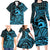 Koa Ikaika Warrior Helmet with Shark Family Matching Long Sleeve Bodycon Dress and Hawaiian Shirt Blue Kakau Style