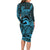 Koa Ikaika Warrior Helmet with Shark Family Matching Long Sleeve Bodycon Dress and Hawaiian Shirt Blue Kakau Style