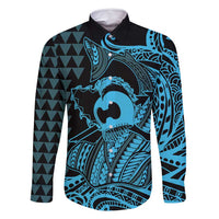 Koa Ikaika Warrior Helmet with Shark Family Matching Mermaid Dress and Hawaiian Shirt Blue Kakau Style