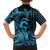 Koa Ikaika Warrior Helmet with Shark Family Matching Off The Shoulder Long Sleeve Dress and Hawaiian Shirt Blue Kakau Style