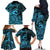 Koa Ikaika Warrior Helmet with Shark Family Matching Off The Shoulder Long Sleeve Dress and Hawaiian Shirt Blue Kakau Style