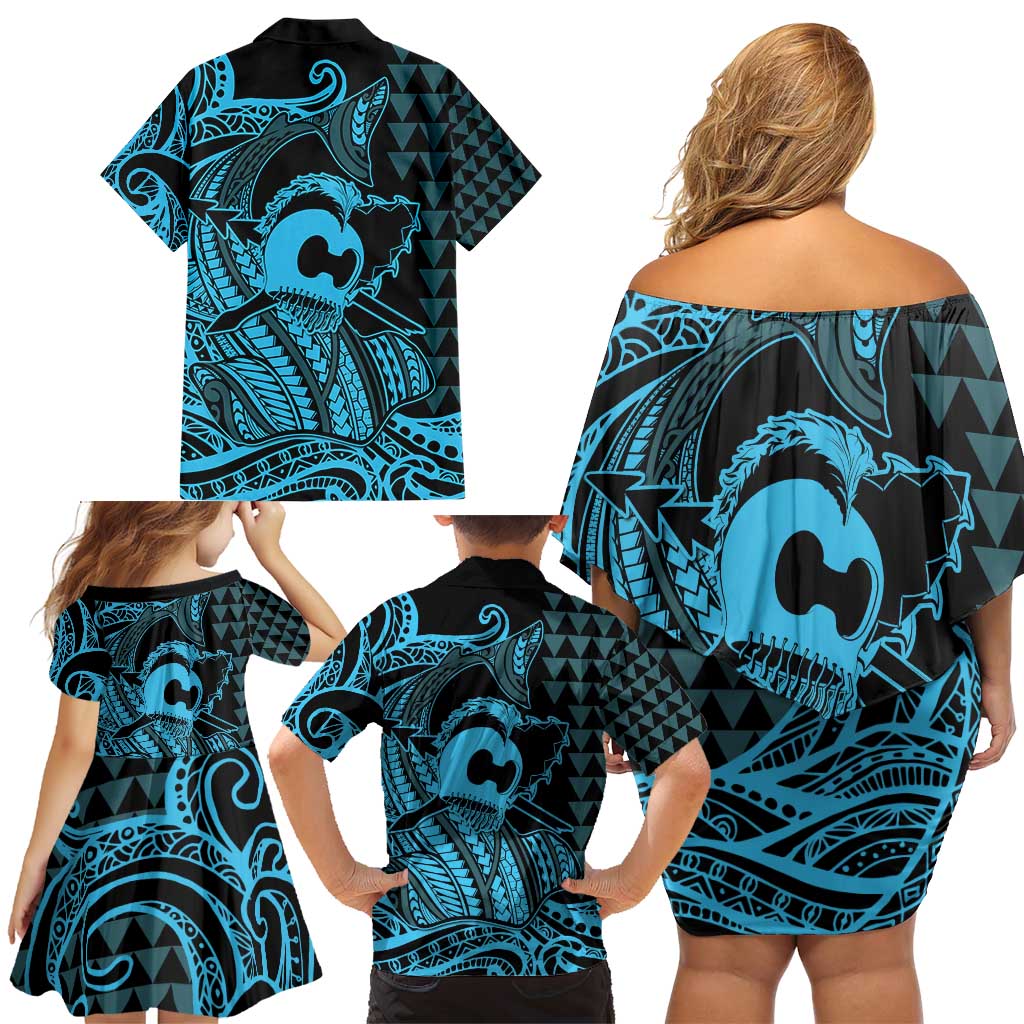 Koa Ikaika Warrior Helmet with Shark Family Matching Off Shoulder Short Dress and Hawaiian Shirt Blue Kakau Style