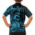 Koa Ikaika Warrior Helmet with Shark Family Matching Short Sleeve Bodycon Dress and Hawaiian Shirt Blue Kakau Style