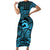 Koa Ikaika Warrior Helmet with Shark Family Matching Short Sleeve Bodycon Dress and Hawaiian Shirt Blue Kakau Style