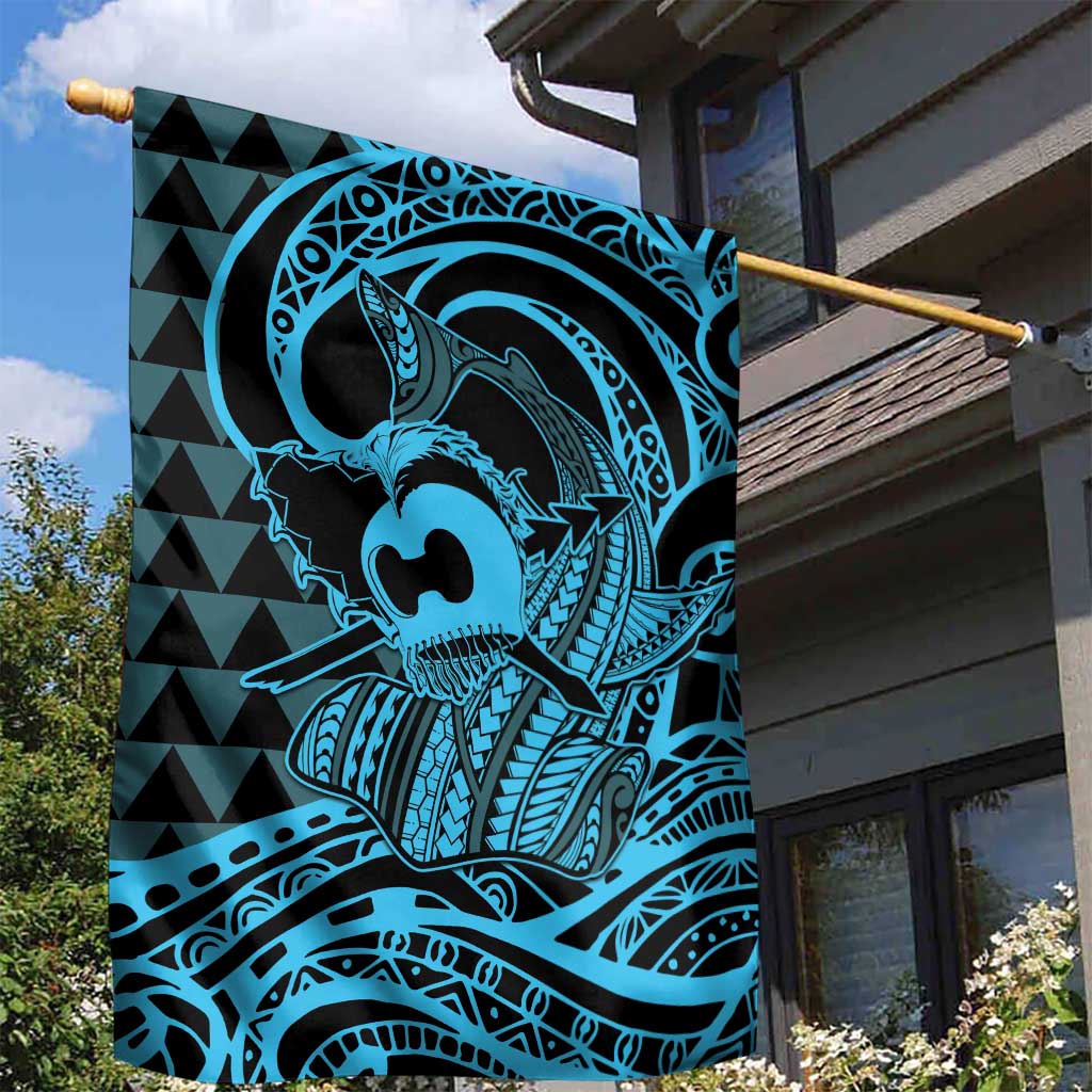 Koa Ikaika Warrior Helmet with Shark Garden Flag Blue Kakau Style LT9 - Polynesian Pride