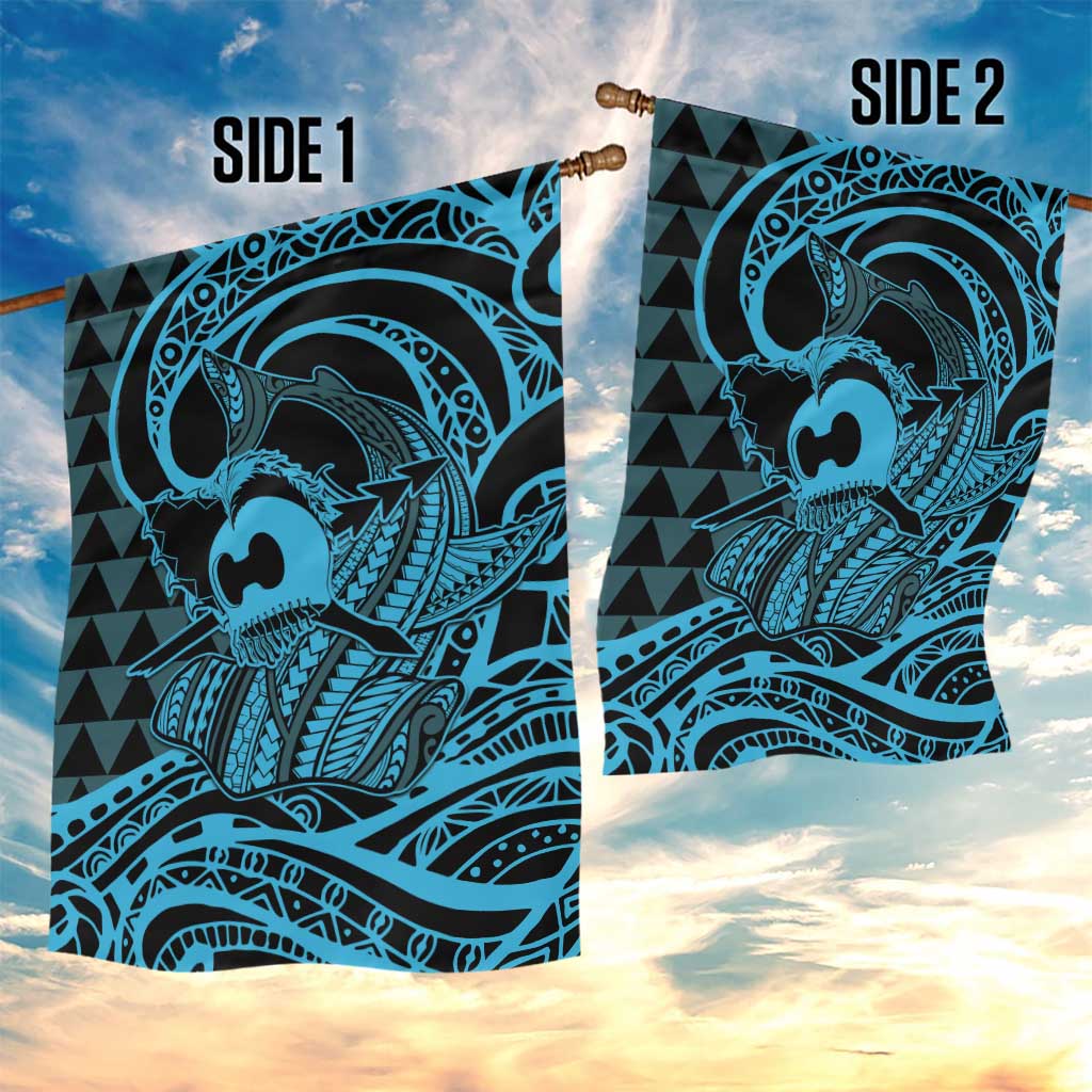 Koa Ikaika Warrior Helmet with Shark Garden Flag Blue Kakau Style LT9 - Polynesian Pride