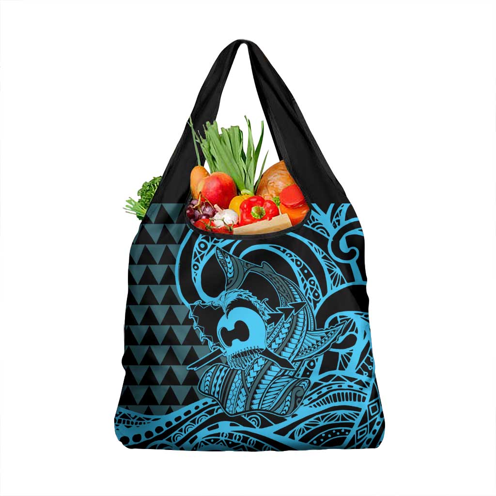 Koa Ikaika Warrior Helmet with Shark Grocery Bag Blue Kakau Style