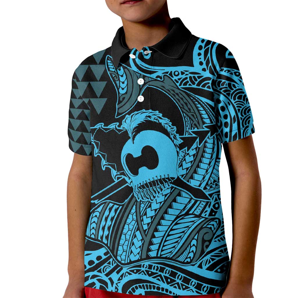 Koa Ikaika Warrior Helmet with Shark Kid Polo Shirt Blue Kakau Style