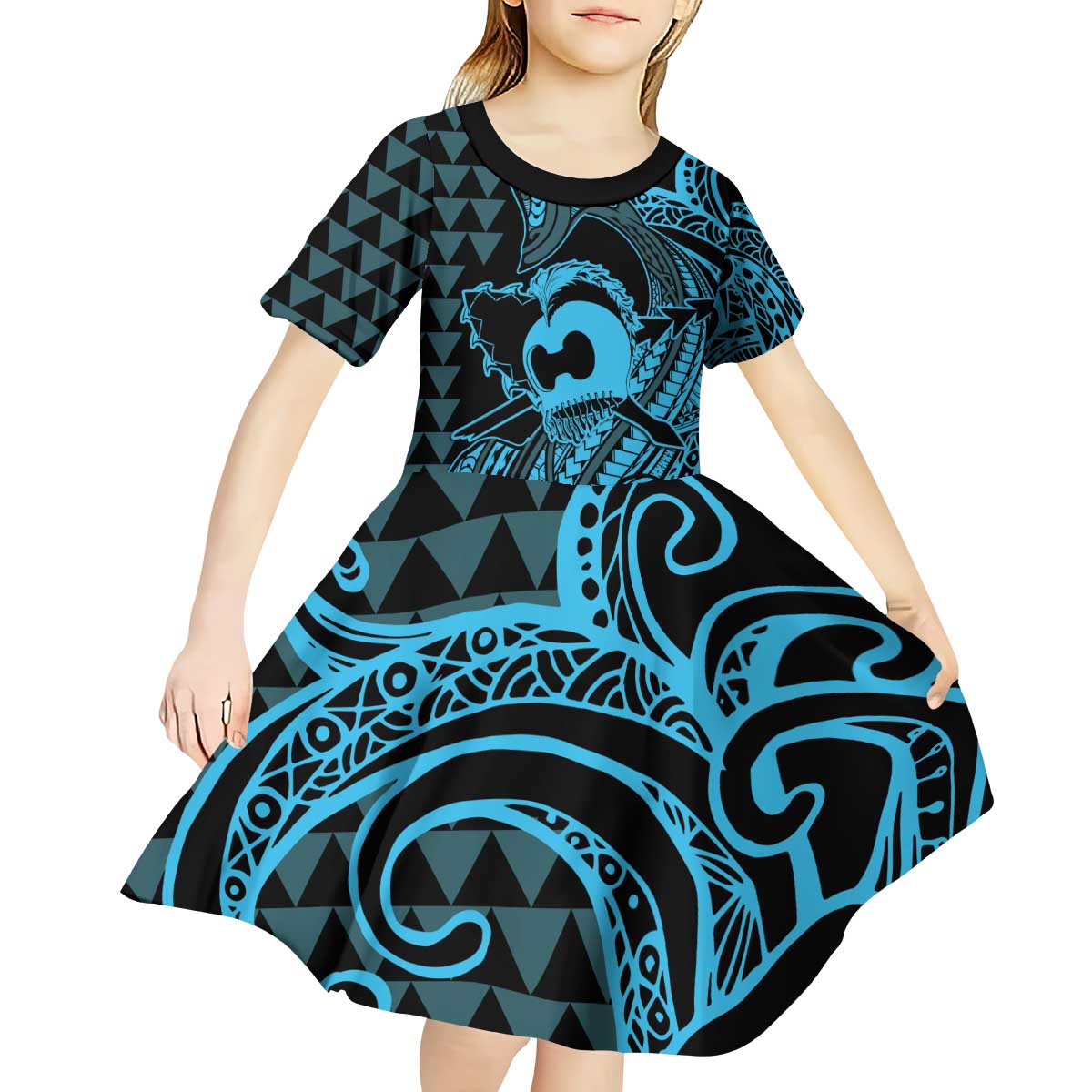 Koa Ikaika Warrior Helmet with Shark Kid Short Sleeve Dress Blue Kakau Style