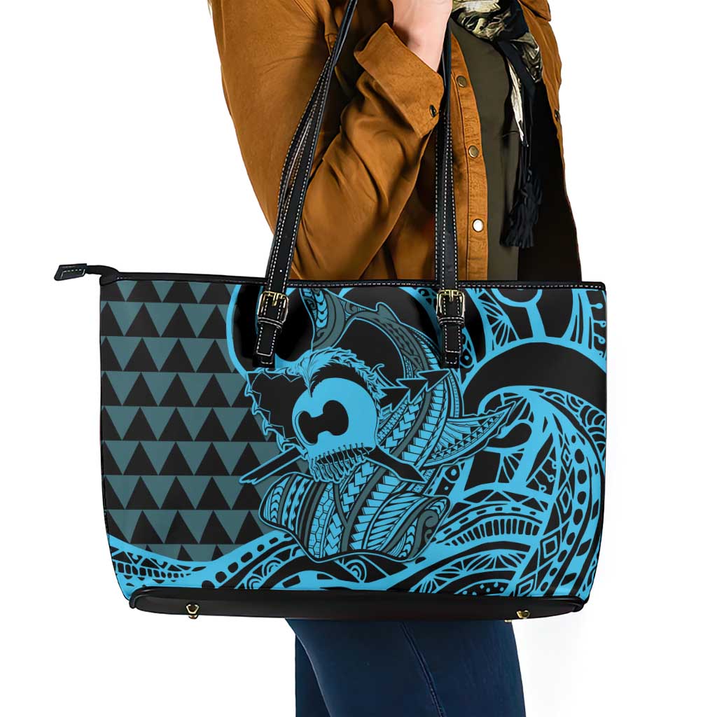 Koa Ikaika Warrior Helmet with Shark Leather Tote Bag Blue Kakau Style LT9 - Polynesian Pride