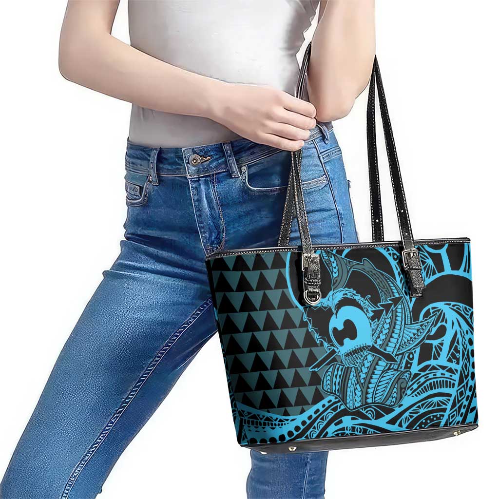 Koa Ikaika Warrior Helmet with Shark Leather Tote Bag Blue Kakau Style LT9 - Polynesian Pride