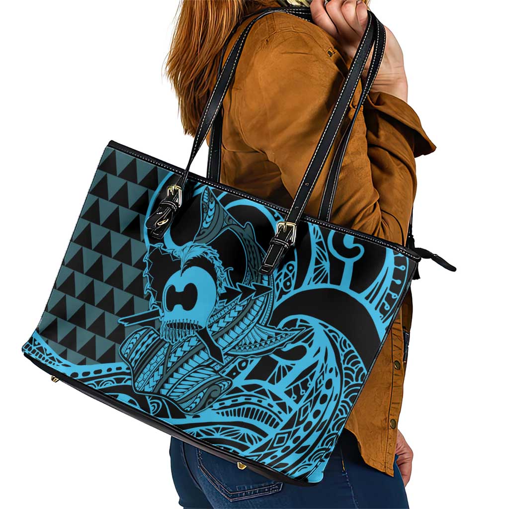 Koa Ikaika Warrior Helmet with Shark Leather Tote Bag Blue Kakau Style LT9 - Polynesian Pride