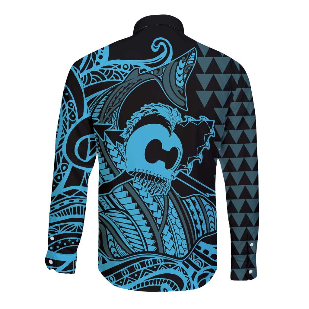Koa Ikaika Warrior Helmet with Shark Long Sleeve Button Shirt Blue Kakau Style