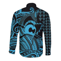 Koa Ikaika Warrior Helmet with Shark Long Sleeve Button Shirt Blue Kakau Style
