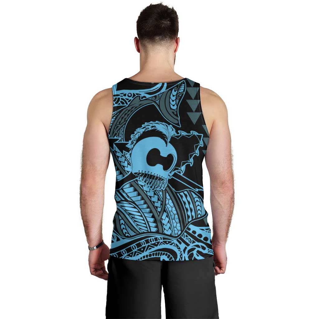 Koa Ikaika Warrior Helmet with Shark Men Tank Top Blue Kakau Style LT9 - Polynesian Pride