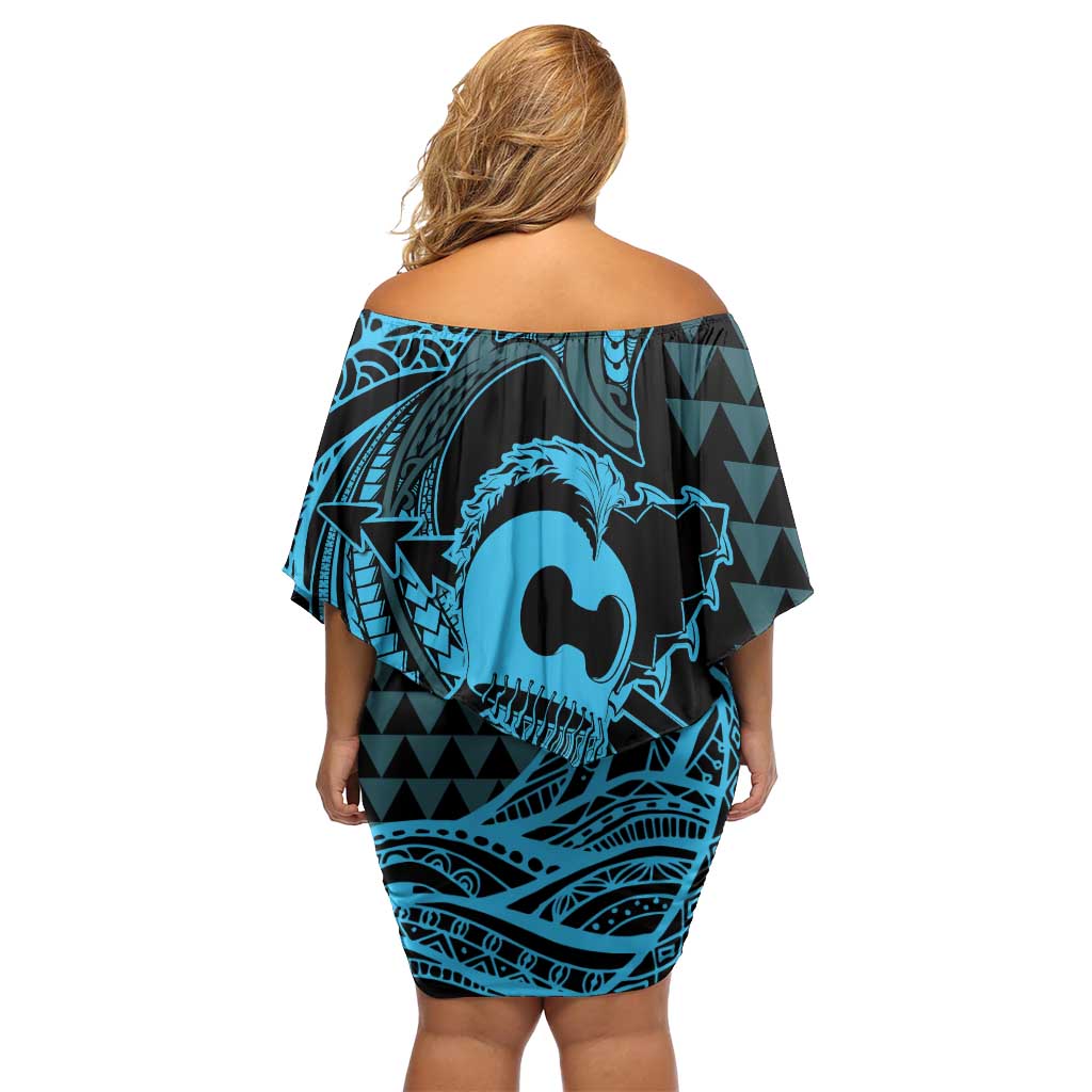 Koa Ikaika Warrior Helmet with Shark Off Shoulder Short Dress Blue Kakau Style LT9 - Polynesian Pride
