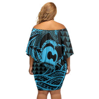 Koa Ikaika Warrior Helmet with Shark Off Shoulder Short Dress Blue Kakau Style LT9 - Polynesian Pride