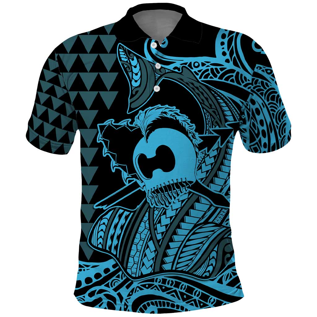 Koa Ikaika Warrior Helmet with Shark Polo Shirt Blue Kakau Style