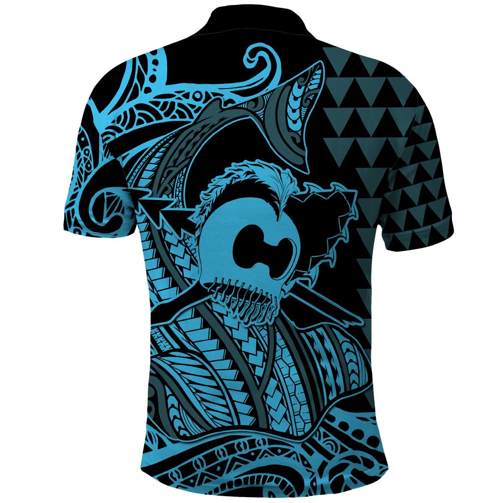 Koa Ikaika Warrior Helmet with Shark Polo Shirt Blue Kakau Style