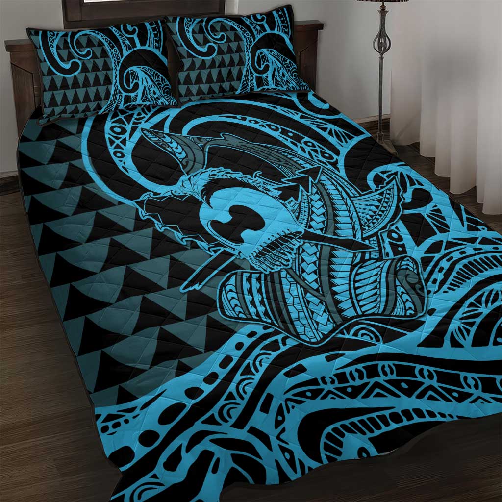 Koa Ikaika Warrior Helmet with Shark Quilt Bed Set Blue Kakau Style LT9 Blue - Polynesian Pride