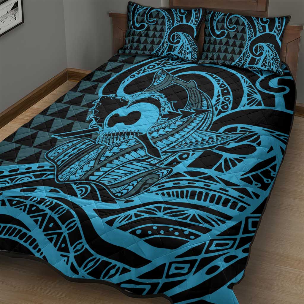 Koa Ikaika Warrior Helmet with Shark Quilt Bed Set Blue Kakau Style LT9 - Polynesian Pride