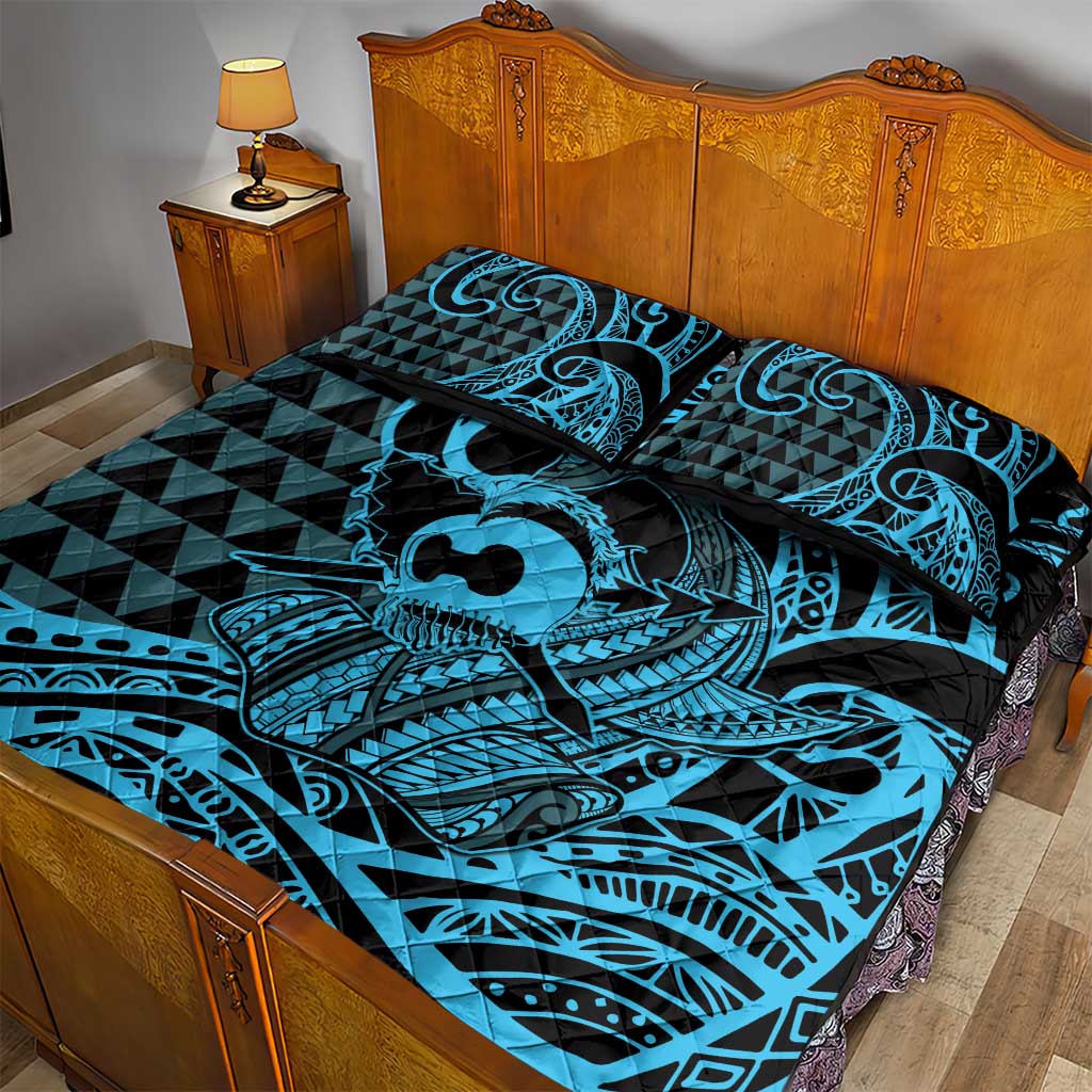 Koa Ikaika Warrior Helmet with Shark Quilt Bed Set Blue Kakau Style LT9 - Polynesian Pride