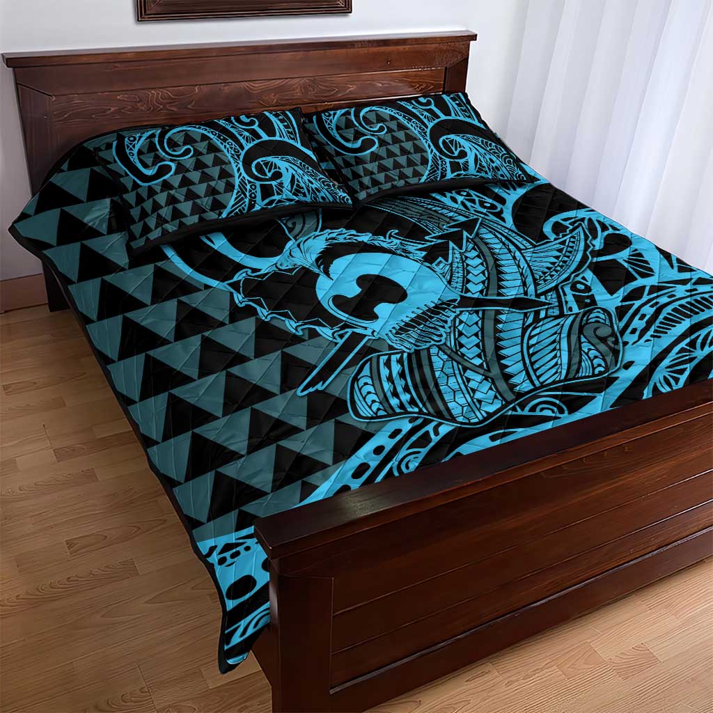 Koa Ikaika Warrior Helmet with Shark Quilt Bed Set Blue Kakau Style LT9 - Polynesian Pride