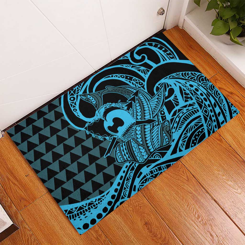 Koa Ikaika Warrior Helmet with Shark Rubber Doormat Blue Kakau Style LT9 - Polynesian Pride