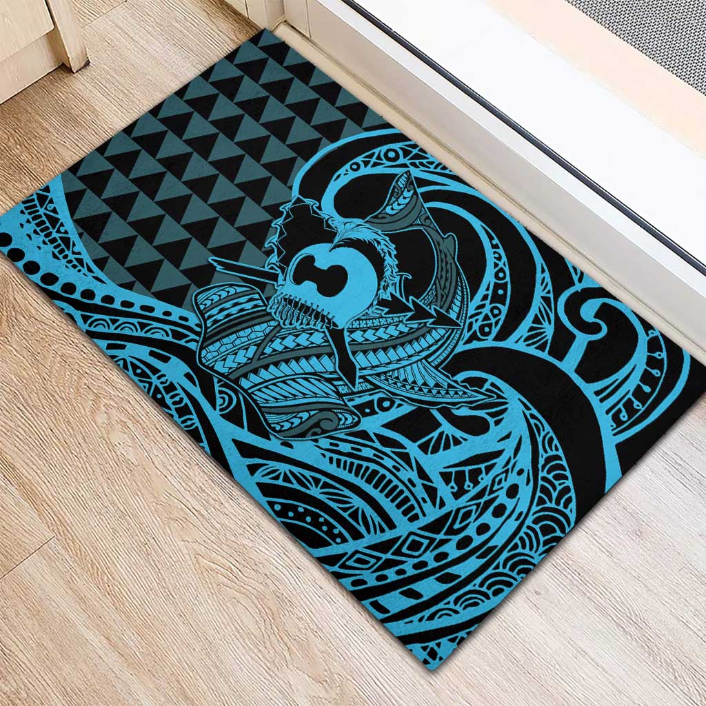 Koa Ikaika Warrior Helmet with Shark Rubber Doormat Blue Kakau Style LT9 - Polynesian Pride