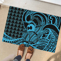 Koa Ikaika Warrior Helmet with Shark Rubber Doormat Blue Kakau Style LT9 - Polynesian Pride