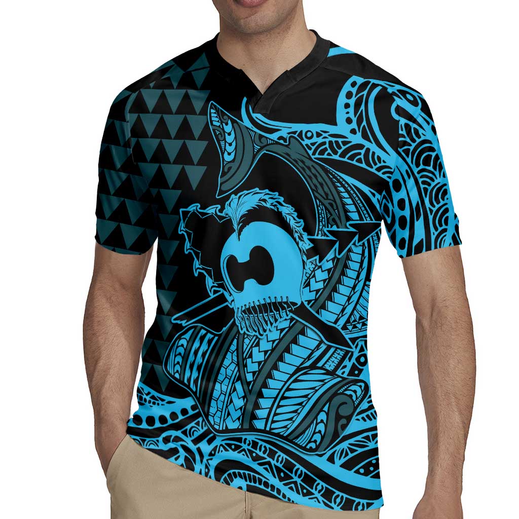 Koa Ikaika Warrior Helmet with Shark Rugby Jersey Blue Kakau Style LT9 - Polynesian Pride