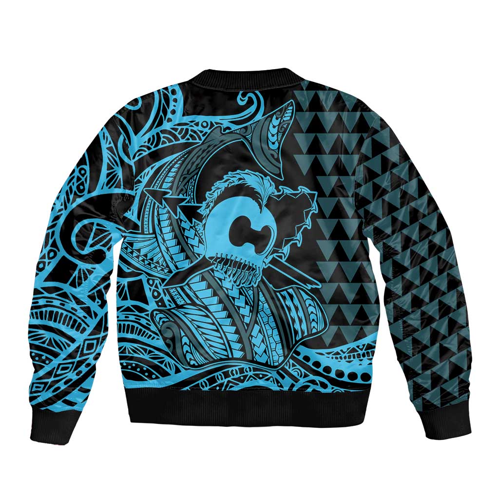 Koa Ikaika Warrior Helmet with Shark Sleeve Zip Bomber Jacket Blue Kakau Style