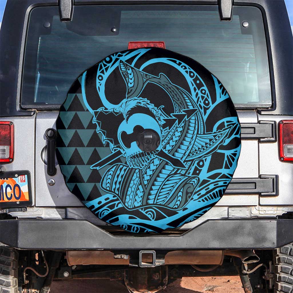 Koa Ikaika Warrior Helmet with Shark Spare Tire Cover Blue Kakau Style LT9 Blue - Polynesian Pride