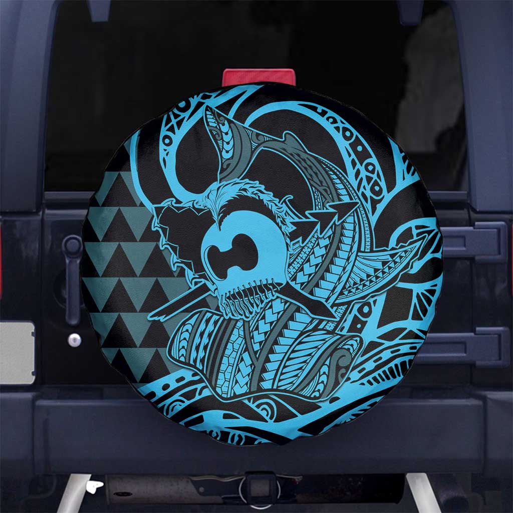 Koa Ikaika Warrior Helmet with Shark Spare Tire Cover Blue Kakau Style LT9 - Polynesian Pride