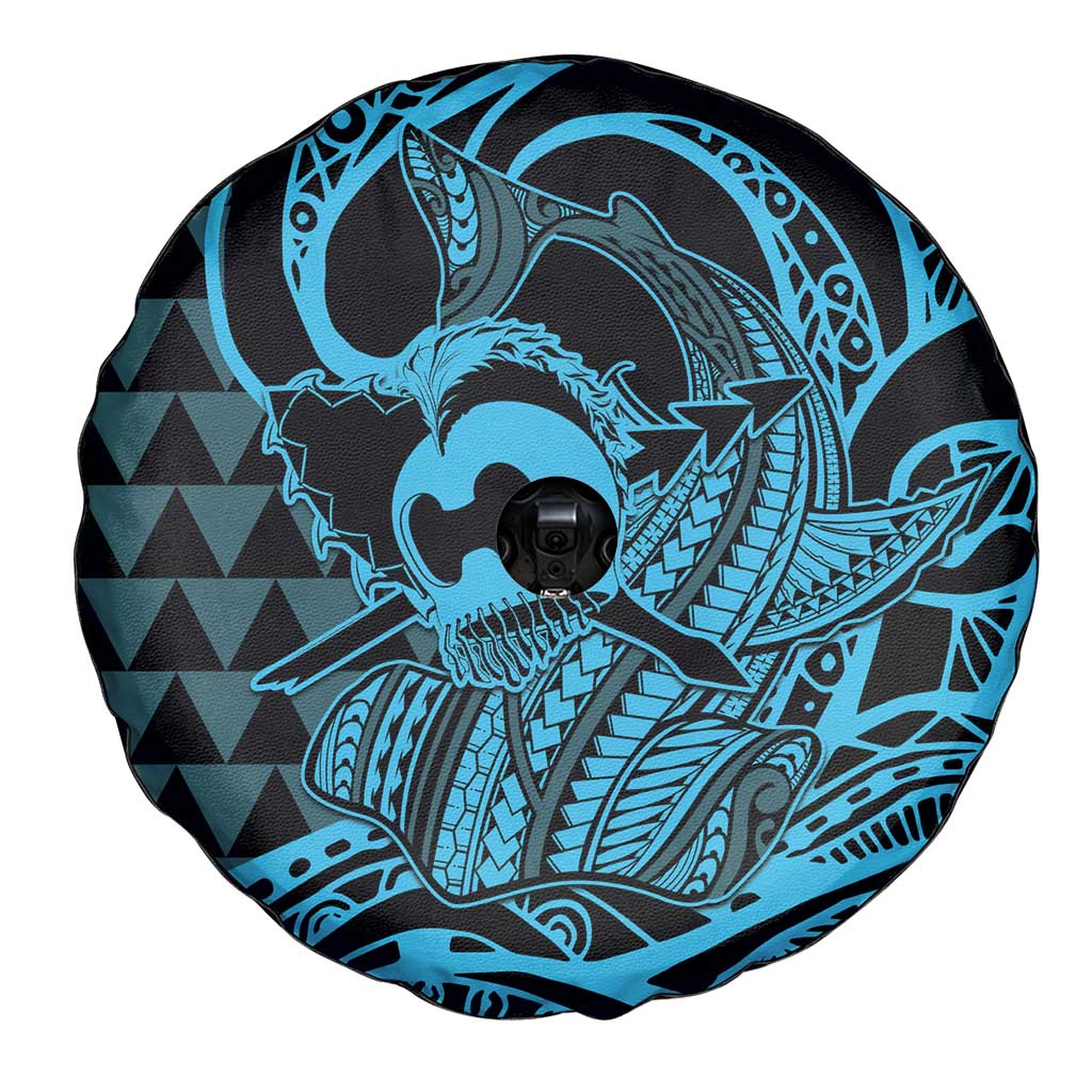 Koa Ikaika Warrior Helmet with Shark Spare Tire Cover Blue Kakau Style LT9 - Polynesian Pride