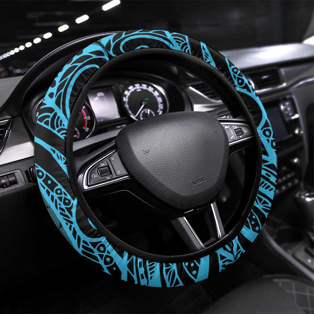 Koa Ikaika Warrior Helmet with Shark Steering Wheel Cover Blue Kakau Style LT9 Universal Fit Blue - Polynesian Pride