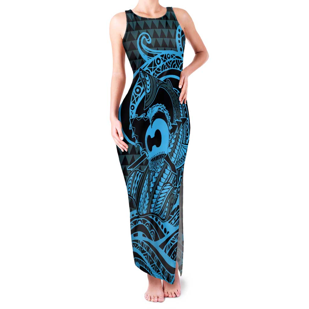 Koa Ikaika Warrior Helmet with Shark Tank Maxi Dress Blue Kakau Style LT9 Women Blue - Polynesian Pride