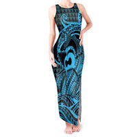 Koa Ikaika Warrior Helmet with Shark Tank Maxi Dress Blue Kakau Style LT9 Women Blue - Polynesian Pride