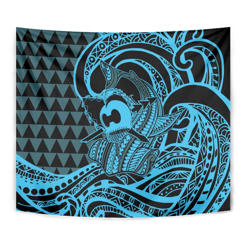 Koa Ikaika Warrior Helmet with Shark Tapestry Blue Kakau Style