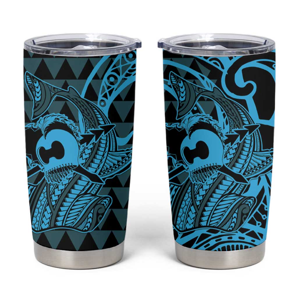 Koa Ikaika Warrior Helmet with Shark Tumbler Cup Blue Kakau Style