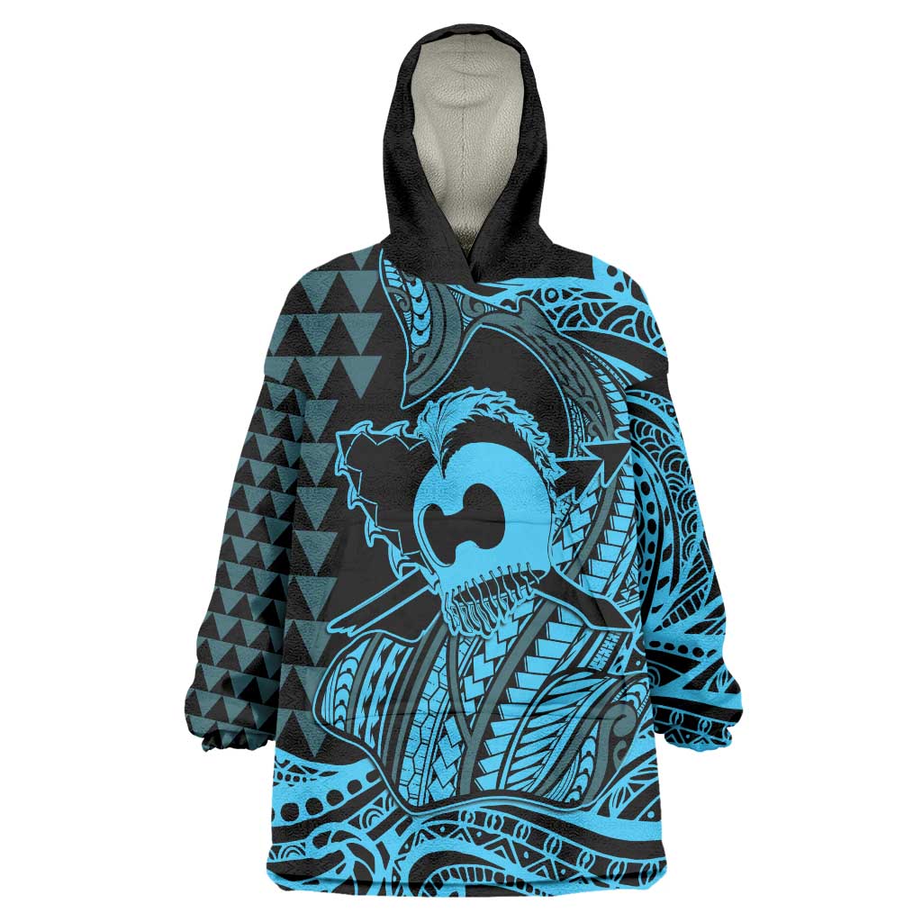 Koa Ikaika Warrior Helmet with Shark Wearable Blanket Hoodie Blue Kakau Style LT9 One Size Blue - Polynesian Pride