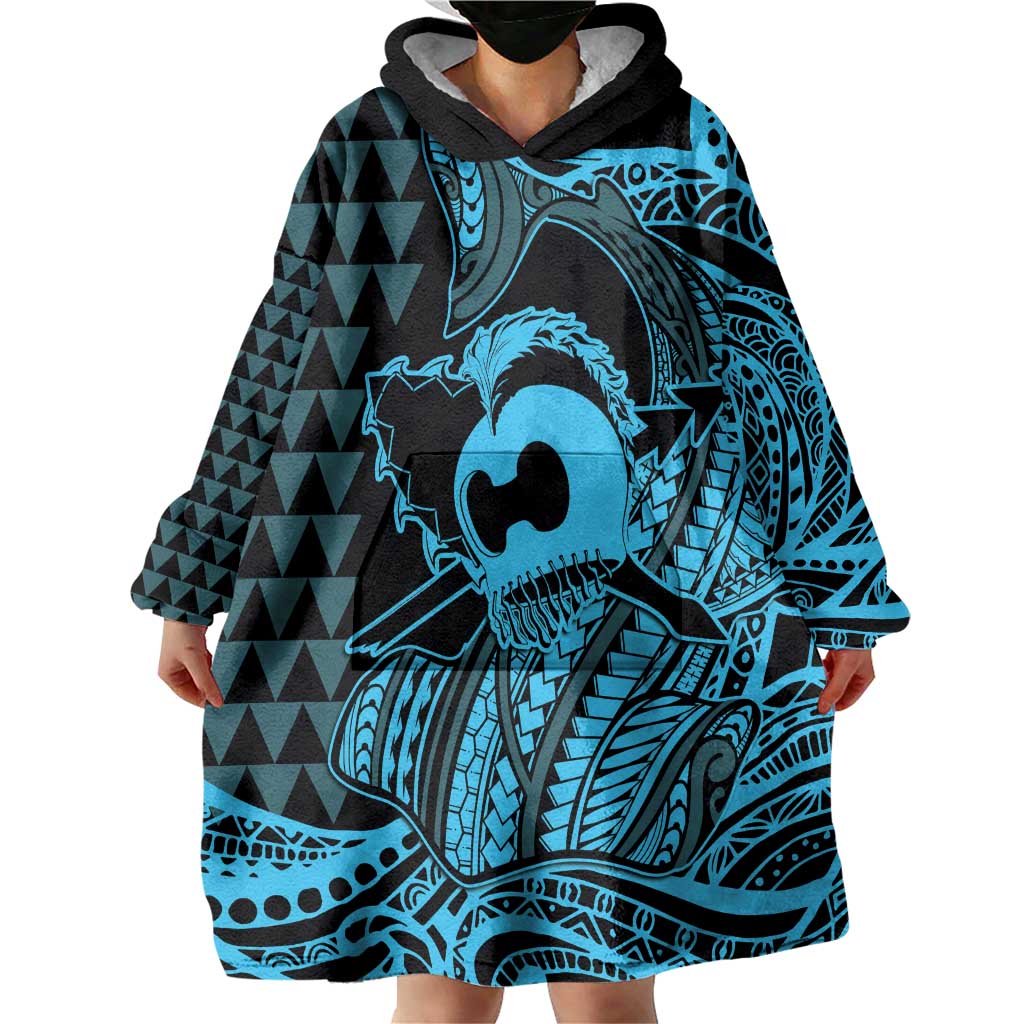 Koa Ikaika Warrior Helmet with Shark Wearable Blanket Hoodie Blue Kakau Style LT9 - Polynesian Pride