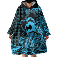 Koa Ikaika Warrior Helmet with Shark Wearable Blanket Hoodie Blue Kakau Style LT9 - Polynesian Pride