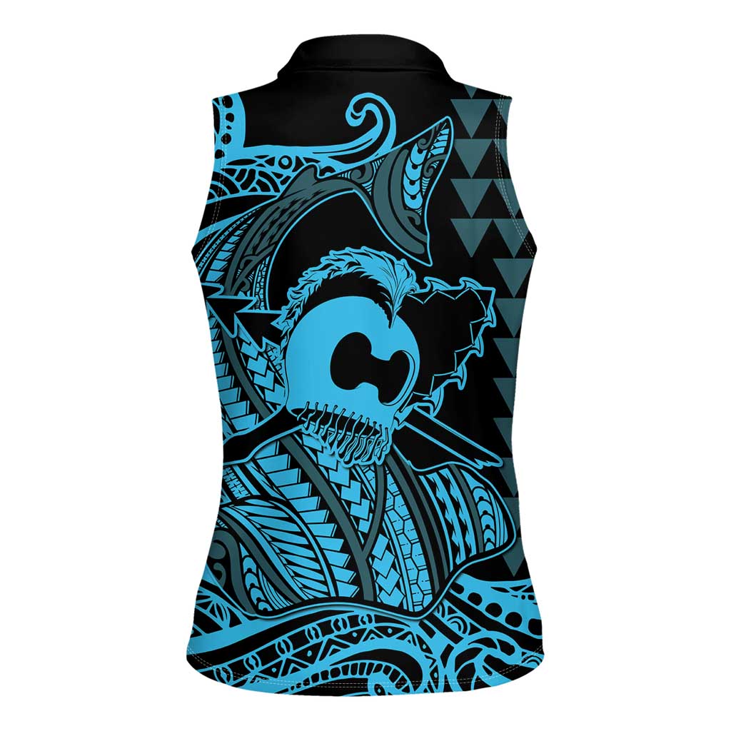 Koa Ikaika Warrior Helmet with Shark Women Sleeveless Polo Shirt Blue Kakau Style