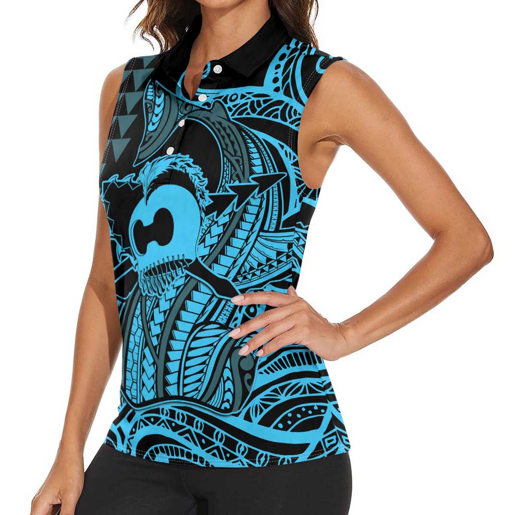 Koa Ikaika Warrior Helmet with Shark Women Sleeveless Polo Shirt Blue Kakau Style