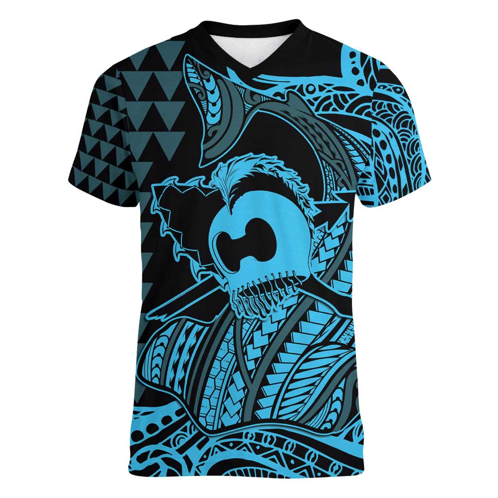 Koa Ikaika Warrior Helmet with Shark Women V-Neck T-Shirt Blue Kakau Style LT9 Female Blue - Polynesian Pride