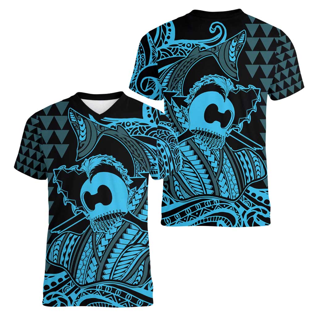 Koa Ikaika Warrior Helmet with Shark Women V-Neck T-Shirt Blue Kakau Style LT9 - Polynesian Pride