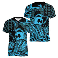 Koa Ikaika Warrior Helmet with Shark Women V-Neck T-Shirt Blue Kakau Style LT9 - Polynesian Pride